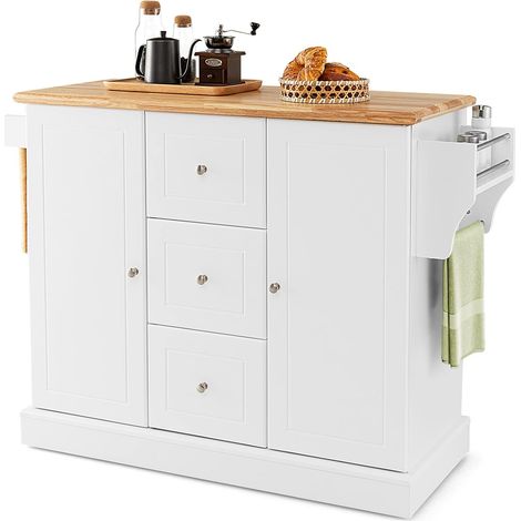 GOPLUS Desserte de Cuisine Desserte à roulettes Cachées, 127 x 46 x 91,5 CM, Chariot de Cuisine en Bois avec Placard étagères 2 Niveaux Réglables et 3 Tiroirs, Porte-Serviettes, Blanc (1/5)
