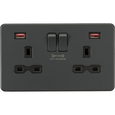 Prise de courant sans outil compatible 13 A 2G DP avec deux ports USB à charge rapide (5-12 V 4 A partagés) - Gris anthracite 230 V IP20 (1/5)
