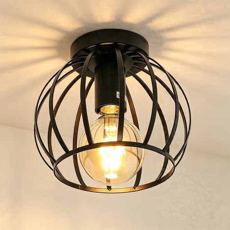 Retro-Modern Round Ceiling Light, Metal shade, 20 cm in Diameter, Black, E27 Bulb, Indoor Use (1/5)