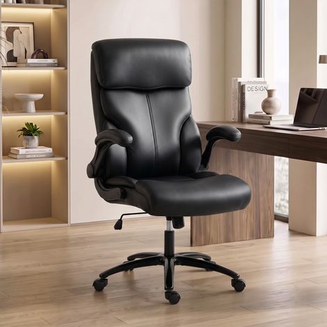 Chaise Bureau Ergonomique avec Accoudoirs Relevables, Fauteuil de Bureau en PU, Hauteur Réglable, Fonction Bascule, Noir (1/5)