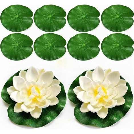 Lot de 10 nénuphars flottants artificiels, comprenant 8 nénuphars réalistes et 2 fleurs de lotus, adaptés pour la décoration d'étang, d'aquarium et de fontaine de piscine (1/4)