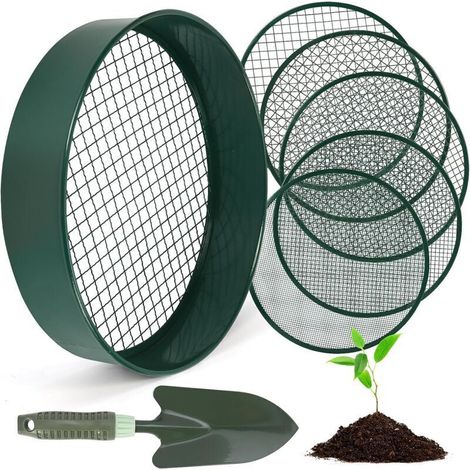 Tamis de jardinage en acier inoxydable de 30,5 cm avec 5 tamis fins remplaçables, 1 cuillère, tamis à sable, 3 mm, 5 mm, 8 mm, 10 mm, 12 mm (vert) (1/4)