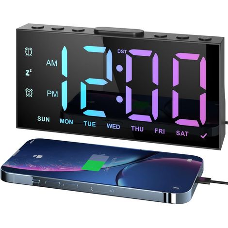 Noir,Réveil Numérique, Reveil Ado avec 4 Couleurs Dégradées et 4 Couleurs Fixes, 4 Modes D'alarme, 2 Alarmes, Réglage de La Luminosité, Snooze, 12/24 H, Port USB (1/5)