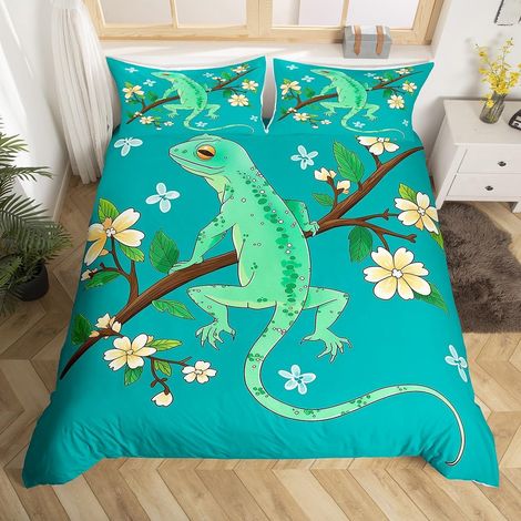 Housse de Couette 200x200 Lézard Vert avec 2 Taies d'oreiller, Parure de Lit Animaux Reptiles, Sets de Housses de Couettes Fleurie Beige, Couvre Lit Dessin Animé Animaux Sauvages - 200x200cm + 2 Taies (1/5)