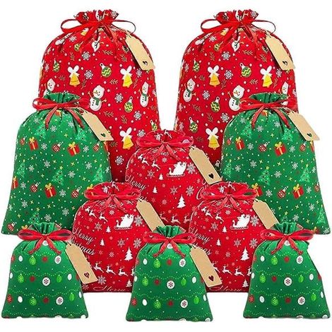 10 sacs cadeaux de Noël à cordon, sacs cadeaux de Noël de tailles assorties en vrac, sacs cadeaux de Noël en tissu de coton - Style : Style 3