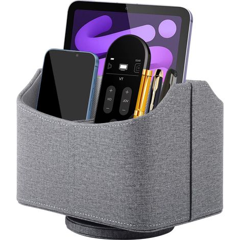 Porte-télécommande rotatif à 360° - Rangement pour télécommande TV - En cuir synthétique - Avec 5 compartiments - Multifonction - Pour table de chevet, bureau - Gris (1/5)