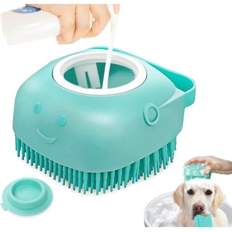 LEO-PAUL Brosse de Bain en Silicone Souple pour animaux de compagnie Accessoire de Toilettage avec Réservoir et Distributeur d'Eau et Shampoing Massage pour Chiens & Chats à Poils Courts/Longs (BLEUE) (1/5)