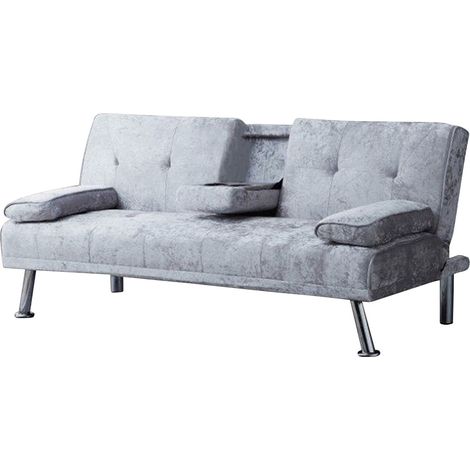 Crushed Velvet Italian Style Sofa Bed with Drink Cup Holder in Silver