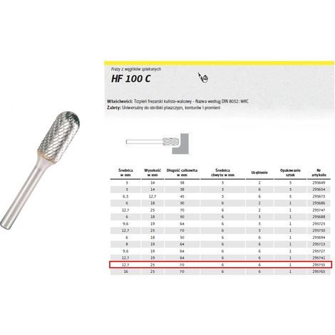 Klingspor 295753 Fresas de Metal Duro, HF 100 C, 6 Dentado, 6 mm Diámetro del Vástago, 12.7 mm x 25 mm x 70 mm (1/2)