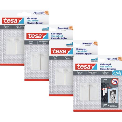 tesa Unghie adesive per carta da parati e intonaco, 0,5 kg, in confezione da 4 pezzi, per superfici delicate, senza lasciare residui, fino a 0,5 kg di capacità per unghia – 4 x 2 chiodi adesivi (1/5)