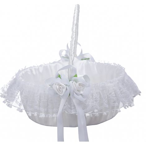 Brautjungfernkorb im Western-Stil, frischer und eleganter Stil, Partyblumenkorb, kleiner weißer Satin-Spitzenblumenkorb 5786 (klappbarer Griff) (1/3)