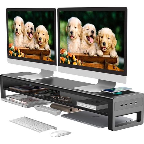 Support pour 2 écrans avec charge sans fil et 4 ports USB Structure métallique à 2 niveaux avec charge sans fil, hub USB et espace de rangement pour accessoires. (1/5)