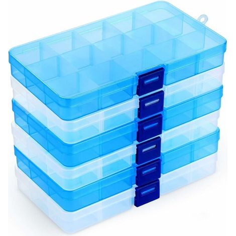 GABRIELLE Lot de 6 Boîte de Rangement Plastique,15 Grilles Diviseurs à Compartiments Ajustables Boîte de Organisateur Contenants de Rangement pour Collier,Boucles D'oreilles,Articles de Bricolage