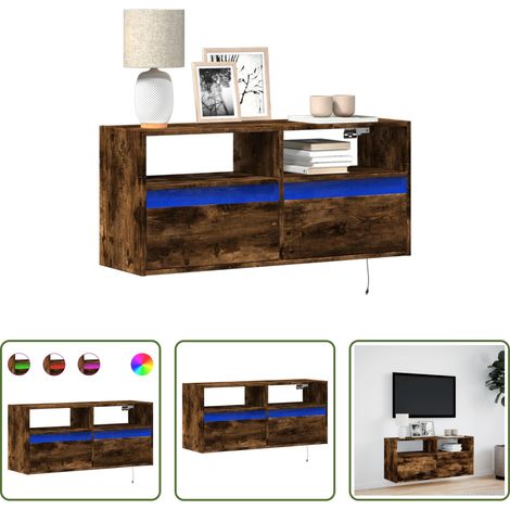 Armoire TV murale - Meuble TV mural avec lumières LED chêne fumé 100x31x45 cm (1/5)