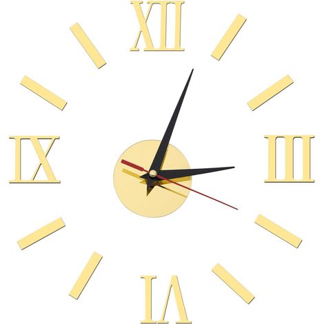 Horloge murale miroir moderne 3D - Chiffres romains autocollant - Grande horloge acrylique sans cadre - Décoration murale - Doré (1/5)