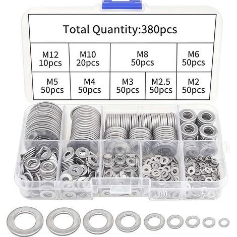 Lot de 380 rondelles en acier inoxydable - Assortiment de rondelles plates M2-M12 - Rondelles de sécurité pour charnières de porte - Joints de vidange d'huile pour réparation hydraulique (1/5)