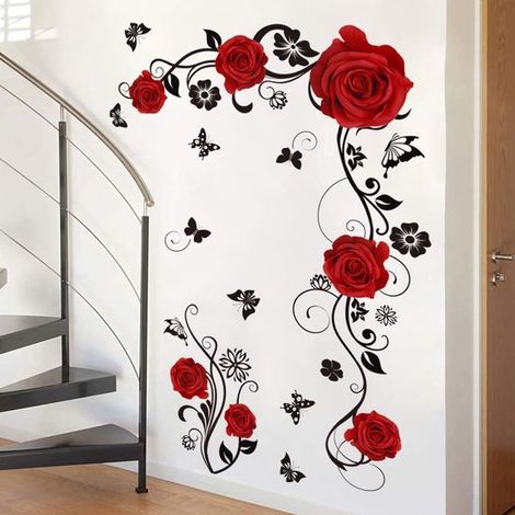 Vinilo decorativo de pared con diseño de enredadera de rosas rojas para sala de estar o dormitorio. Mural de pared. Decoración de pared autoadhes (1/5)
