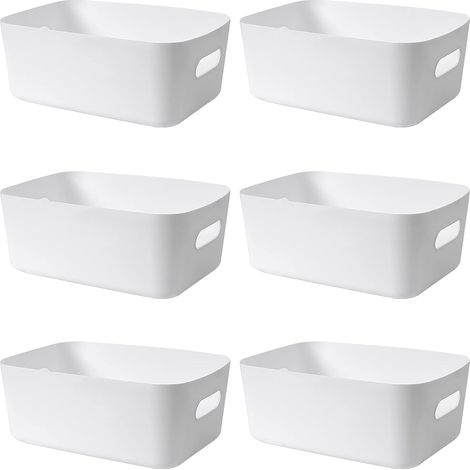 HOXILEELEO - Lot de 6 paniers de rangement en plastique avec poignées, boîtes de rangement pour placard, salle de bain, bureau, cuisine, blanc, 25 x 17,5 x 10 cm (1/4)
