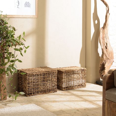 SIXTINE - Set de 2 paniers de rangement en tissage naturel ajouré (1/5)