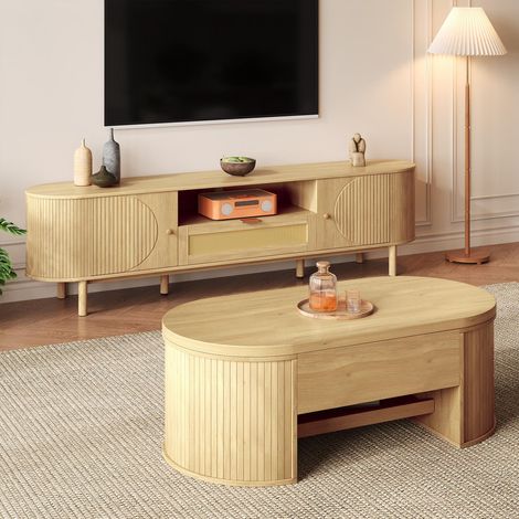 Conjunto de muebles de salón, Mesa de centro elevable y mueble de TV con almacenaje, MDF y rejilla de ratán estilo moderno, Natural (1/5)