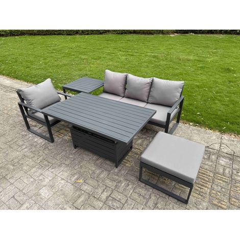 Fimous Aluminium Garden Furniture Set 5 Piece Aluminium Lounge Seating Adjustable Rising Lifting Dining Table Set with Side Table Big Footstool Dark Grey (1/5)