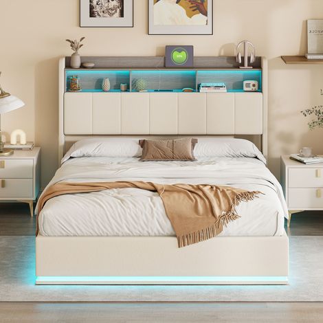 Lit Coffre 140x190 cm avec tête de lit en Tissu Beige, Bande LED intégrée et Rangement, Design Moderne et épuré, Idéal pour Chambre Adulte ou ado (1/5)