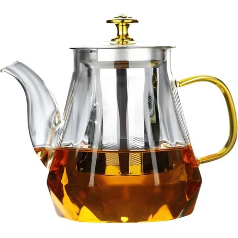 Théière verre 1000 ml, infuseur, résistante chaleur, anti-gouttes, pour thé noir/vert/fruits parfumés.