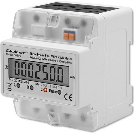 Compteur électronique triphasé Qoltec Compteur de consommation d'énergie sur rail DIN 400 V 100 A Écran LCD 4 pôles (1/5)
