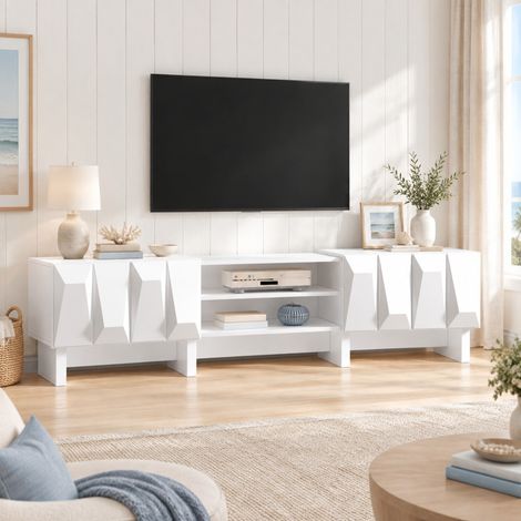 Mueble TV 180 cm con 4 puertas, huecos abiertos y pasacables, aglomerado blanco (1/5)