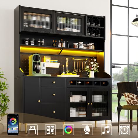 Armoire Haute Noire 145×39×171cm avec Éclairage LED Pilotable App, Tiroir Casier à Vin Tablettes Réglables Portes Vitrées Coulissantes Charge Max 50kg Cuisine Salon (1/5)
