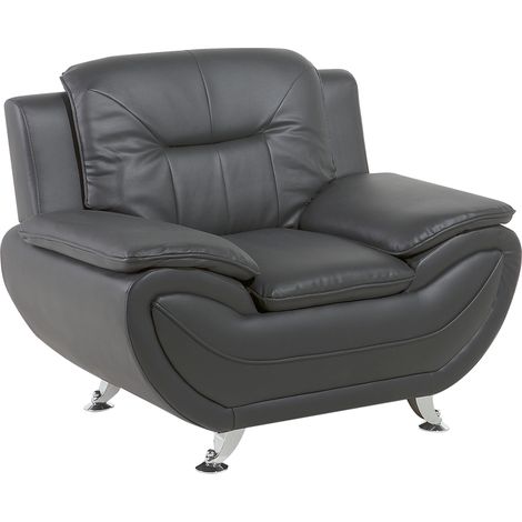 Sillón tapizado en piel sintética gris con cojín reposabrazos patas modernas de metal plateado Leira