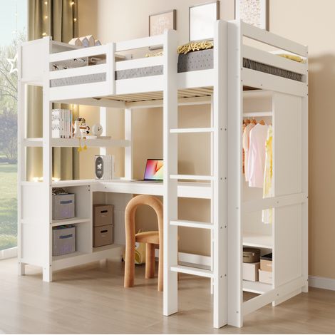 DESVIAE Lit mezzanine enfant 90x200 cm avec bureau étagères de rangement et armoire pin et MDF blanc naturel (1/5)