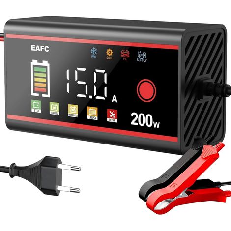Chargeur de batterie de voiture 200 W, 15 A 12 V, écran LCD, pour voiture, camion, AGM, gel, EFB, LiFePO4, batteries plomb-acide (1/5)