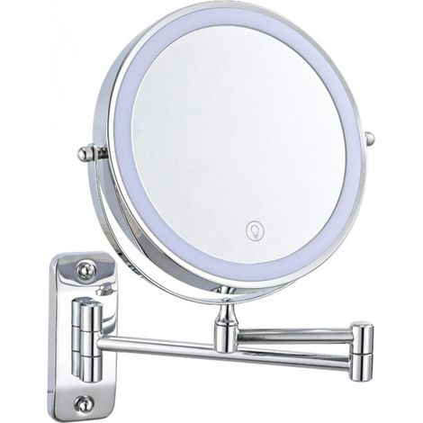 8-Zoll-Wandkosmetikspiegel, 1-fache/5-fache Vergrößerung, wiederaufladbar, 3-farbige, einstellbare Beleuchtung (Chrom) (1/5)