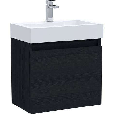 Wall Hung Vanity Basin Unit & Slimline Polymarble Basin - 500mm - Woodgrain Charcoal Black (1/4)