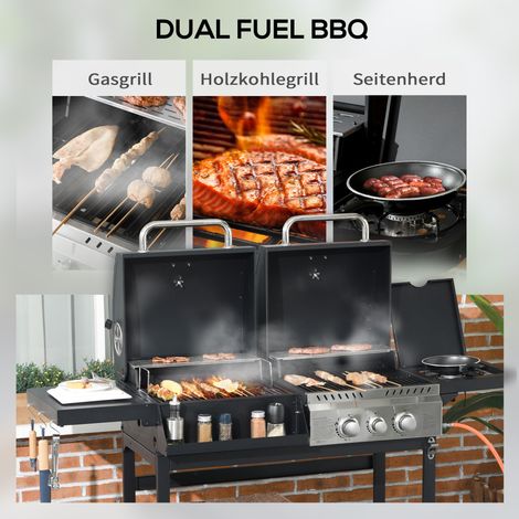 Barbecue gaz avec thermomètre et grilles de maintien au chaud, 161 x 54 x 103 cm, noir et argenté (1/4)