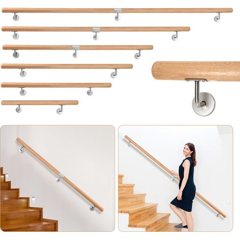 TolleTour Barandilla de pared de haya 80 cm, pasamanos antideslizante Ø4,2 cm con soportes inox, para niños mayores (1/5)