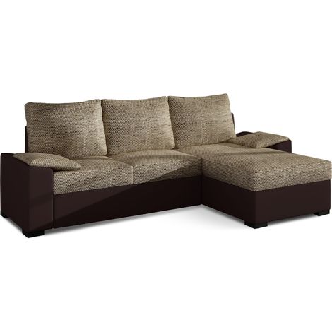 Canapé angle convertible et réversible simili marron et tissu beige clair chiné Luzo 245cm (1/5)