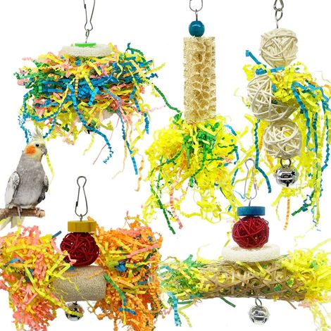 Jouet à mâcher pour cage à perroquet : balle en liane colorée, étoiles en bois pour la stimulation mentale et l’exercice sain du bec des oiseaux de petite et moyenne taille. (1/5)
