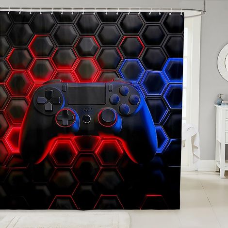 Console de Jeux Rideau Douche Espace Univers Jeux Rideau de Douche Jeux Vidéo Rideau Salle de Bain Décor Salle de Jeux Décor Rideau Imperméable Rouge Bleu Géométrique Nid D'Abeille Rideau,180x200 - 18 (1/5)