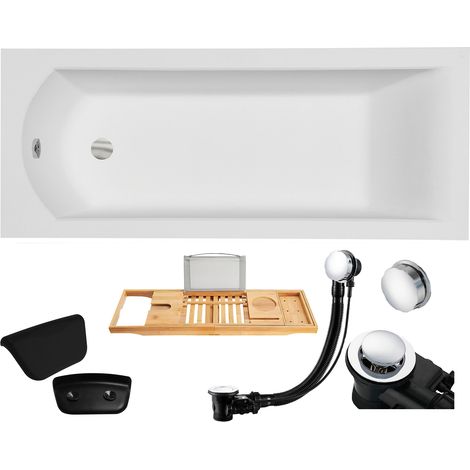 Badewanne Rechteck 140x70 + Kopfstütze + Bambus Ablage, Ablauf & Füße GRATIS - Komplettset 5in1 Original Acryl Wanne - BADLAND SHEA (1/5)