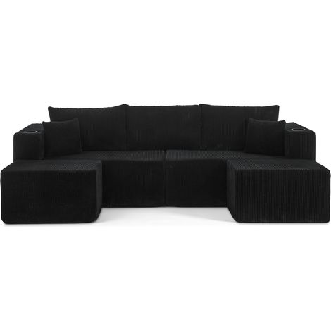 Sofá esquinero modular de 3 plazas en tejido de pana negro con otomana móvil y portavasos HOMVRA (1/5)