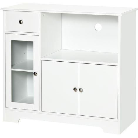 Meuble micro-ondes, buffet cuisine, armoire de rangement, pour cuisine, salle à Manger 90 x 40 x 82 cm verre trempé et bois, blanc