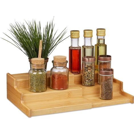 Bamboo spice rack, 3 tiers, extendable, natural look, work surface, HxWxD 9x38x22cm (1/5)