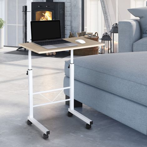 Table d'appoint, table basse réglable en hauteur, bureau mobile à roulettes avec freins, table en C, panneaux de particules, acier, fer, plastique, coloris érable blanc, 60 x 40 x 68-78 cm (1/5)