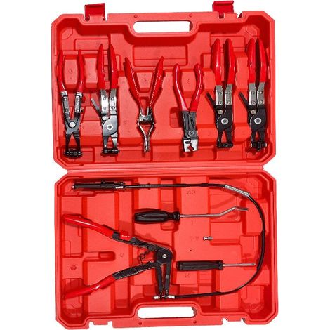 Pince à colliers de durite 9 pièces longue portée, jeu de pinces pour durites carburant huile eau, outil auto pour zones étroites avec coffret rouge (1/5)