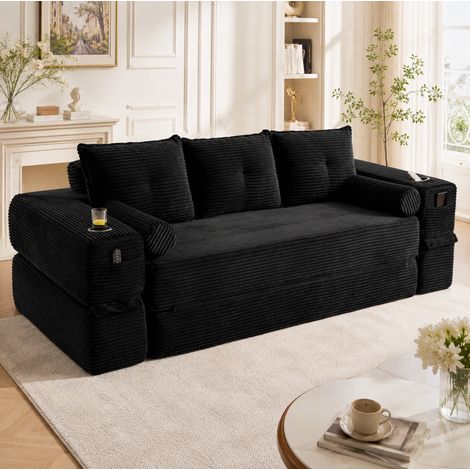 Canapé-lit pliant 232x98x80 cm noir en velours côtelé avec ressorts, coussins à mémoire de forme et porte-gobelet (1/5)