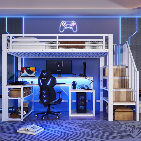 Cama alta 90 x 200 cm de metal con escritorio, escalera con almacenaje y LED, blanco (1/5)