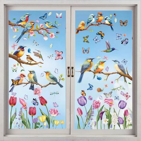 Autocollants pour fenêtres aux couleurs vives du printemps et de l'été - 76 pièces : papillons, branches d'arbre, colibris, tulipes. Stickers anti-collision pour la décoration saisonnière de votre mai (1/5)