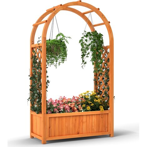 Fioriere Letto da giardino elevato con griglia tetto curvo fodera drenaggio Cassone da piantagione in legno per piante rampicanti Marrone (1/3)
